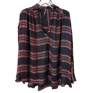 Free People Fearless Love Pink Blue Plaid Sequin Boho Button-Down Shirt - SP